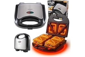 ‎ADLER EUROPE ADLER EUROPE AD 3015 Toster Sandwich, Opiekacz, Chrupiące kanapki, Moc 850W, Srebrny, Inox, Czarny