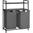 VASAGLE Panier à Linge Sale, Corbeille 2 Compartiment, Bac, Avec 2 Sacs En Tissu Oxford Amovibles Cadre En Metal 2 X 46l 73 X 33 X 72 Cm Marron Rustique Et Noir Blh201b01v1