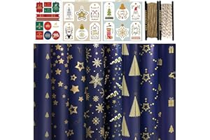 FullJoyHut 8 Fogli Carta da Regalo Natale Blu 70X50CM Set,tra cui 8 Etichette Regalo Natalizie Carta Kraft,12 Adesivi Natalizio,2 Rotolo Corde di Luta Cotone Metallico per Confezione Regalo Natale
