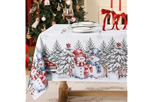 Softalker Mantel Blanco navideño Rectangular 240x140 cm Manteles Navidad Antimanchas con un Elegante muñeco de Nieve Tradicional Copos de Nieve y un árbol de Navidad Ideal para Pique-nique,Picnic
