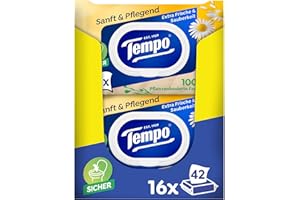 ‎TEMPO Tempo Feuchte Toilettentücher "Sanft & Pflegend" - Megapack - 16 Packungen mit je 42 Tüchern - mit natürlicher Kamille - feuchtes Toilettenpapier, dermatologisch getestet und pH-hautneutral