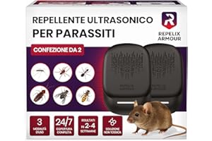 REPELIX ARMOUR Repellente ultrasonico per parassiti da interno – Confezione da 2 – Copre 140m² per dispositivo – 3 modalità – Allontana topi, ratti, ragni, zanzare, formiche, insetti e mosche