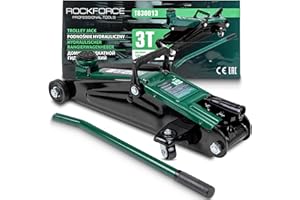 ROCKFORCE PROFESSIONAL TOOLS Gato hidraulico Coche 3T- Altura elevación 135-380mm con 2 Ruedas giratorias - Gato hidraulico para Coche- Gato Coche Ideal para Taller, Garaje, Cambio Aceite, Ruedas para SUV, Coche, Familiar, MVP