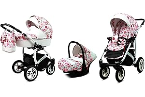 BABYLUX Tropical Kinderwagen 3 in 1 Tief Babywagen Kindersitz Autositz Rahmen aus Aluminium Multifunktionskinderwagen Funktionell Sicher 60 x 95 x 115 cm Weißer Rahmen Hibiscus