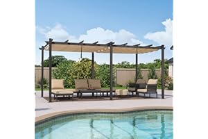 PURPLE LEAF 3.65 X 5.48M Metal Pergola with Retractable Roof, Large Garden Pergola for BBQ, Outdoor and Patio, Beige