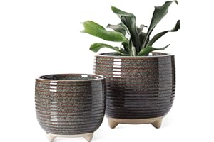 LE TAUCI Ceramiczne doniczki na rośliny, 12 + 16 cm, urocze nowoczesne doniczki do domu i biura, małe doniczki wewnętrzne z drenażem, glazura reaktywna, czarna