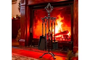 Kingson 5-Piece Cast Iron Fireplace Companion Set – Black Finish – Includes Poker, Tongs, Brush, Shovel & Stand – Fireside Tool Set for Traditional Open Fireplaces – 53cm Tall
