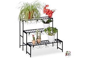 Relaxdays Estantería Plantas Rectangular con 3 Niveles, Metal, Negro, 62 x 70 x 60 cm,