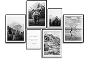 MONOKO® Wohnzimmer Poster Set - Premium Bilder Set für Schlafzimmer - Stilvolle Wandbilder - 6er Set ohne Rahmen (Set Schwarz-Weiss, Natur, Highland Cow, 4X A4 | 2X A5)