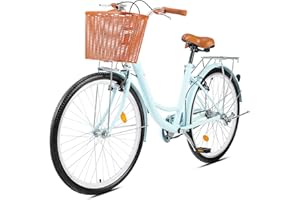 Viribus 26 Inch Vintage Ladies Bike with Basket, Dutch Style City Bicycle with Carbon Steel Frame, Dual V Brakes, Single Speed Women's Comfort Bike with Adjustable Seat and Handlebars