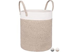 sprecenk Tall Cotton Rope Storage Basket for Kids Toys, Large Woven Laundry Basket with Handle for Clothes Towel Baby Blanket, 40 x 35 x 35CM, White+Brown