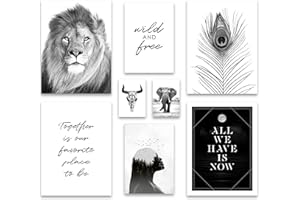 ARTFAVES® Poster Set - WILDLIFE - mehrteilige Wanddeko Wohnzimmer & Schlafzimmer - 8 moderne Wandbilder Löwe, Wildnis, Afrika, schwarz weiss, Elefant, Savanne - ohne Bilderrahmen