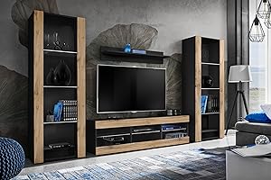 Komodee Wohnwand Wohnzimmerset Tivoli Grande, Wotan/Schwarz, Breite 250cm x Höhe 159cm x Tiefe 35cm, ohne LED, für Wohnzimmer, Schlafzimmer
