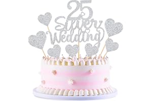 Blumomon 25Pcs 25th Anniversary Cake Toppers Silver 25th Weddding Anniversary Heart Cake Decoration for 25 Silver Wedding Celebration Party Supplies