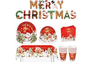 Weihnachten Partygeschirr, 82 Stück Partyzubehör Pappteller Set 20 Gäste Wiederverwendbar ​Papier Geschirr Set einschließlich Tischdecke + Teller + Becher + Servietten + 2.2m Cartoon Flagge