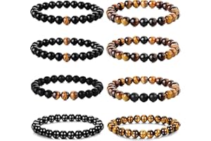 Yadoca 8 Piezas 8mm Pulseras para Hombres Mujeres Ojo de Tigre Piedra Mala Cuentas ágata Piedra Natural elástica Yoga Pulseras Conjunto