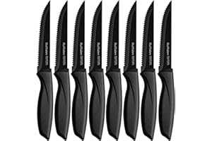 Ruffulon Coltelli da Cucina, Set di 8 Pezzi di Coltelli da Bistecca,Coltello da Tavola Ultra Affilato,Posate in Acciaio Inox,Coltello Bistecca Seghettato Nero,Coltelli da Cucina Professionali