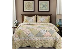 ‎DECMAY DECMAY Bedspread 220 x 240 cm Green Patchwork Blanket Bed Throw Bedspread with Floral Pattern Throw Blanket Bed for Double Bed, 3-Piece Bedspread with Pillow Set, Elegant Country House Style Ruffle
