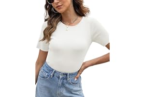 Lonya Womens Tops Women's T-Shirts Ribbed Knit Round Neck Ladies Summer Tops Short Sleeve Shirt Ribbed Tops Casual Slim Fit T-Shirt