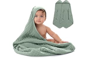 Comfy Cubs 2 Pack Baby Hooded 9 Layer Muslin Cotton Towel for Kids, Large 81 X 81 cm, Ultra Soft, Warm, and Absorbent. Baby Essentials Bath Towels, Cute Unisex Cover for Girls and Boys (2 Pack, Fern)