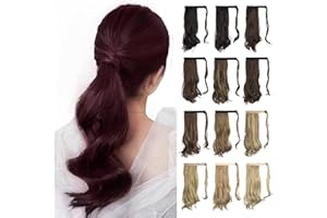 Sofeiyan Coleta Velcro Extensiones de Clip de Pelo Natural Rizado Cola de Caballo Extension Largo Sintético Ponytail Postizos Ondulada para Mujeres Chica-38 cm Rojo vino