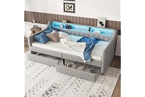 Aoskem Polsterbett Tagesbett Einzelbett 90x200 mit 2 Stauraum Schubladen, Kinderbett LED-Sofabett mit USB-Ladebuchse, Bettgestell mit Lattenrost, Jugendbett Schlafsofa, Ohne Matratze, Leinen (Grau)