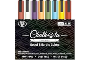 CHALKOLA Fine Tip Chalkboard Chalk Pens - Pack of 8 Classic Earth Colors | Non Toxic Wet Erase Liquid Chalk Ink Markers | 3mm Reversible Bullet & Chisel Nib