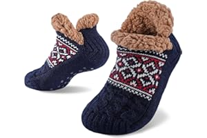 Niorasen Slipper Socks for Men Women, Thick & Soft Thermal Socks with Non-Slip Grippers Cozy Bed Socks Christmas Reindeer Design, Size 5-11