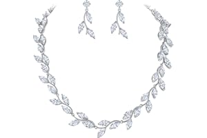 Clearine Parure composta da collana e orecchini pendenti da donna, con zirconia cubica, con fiore e foglie, set di gioielli da sposa, Metallo Zirconia cubica, cristallo
