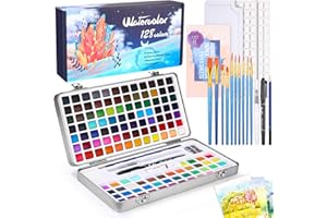 AZYVUM Kit de Peinture Aquarelle 128 Couleurs dans une boîte portable avec palette d'aquarelle,Papiers Aquarelle et Pinceaux, Aquarelle Solide,idéal pour adultes, artistes et amateurs