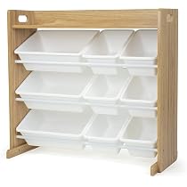Étagère Rangement Jouets Humble Crew - 4 Bacs Plastique | Bois Naturel/Blanc | Organisateur Enfant