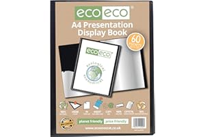 eco-eco A4 Size 50% Recycled 60 Pocket Black Presentation Display Book, Storage Case Portfolio Art Folder with Plastic Sleeves