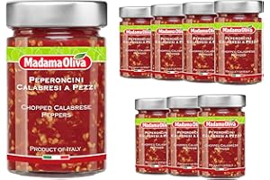 MADAMA OLIVA, Peperoncini Calabresi, Peperoni Piccanti Calabresi Tritati Sott'Olio di Girasole, Senza Aggiunta di Conservanti, 100% Made in Italy, Box da 7 Vasi in Vetro da 310 gr