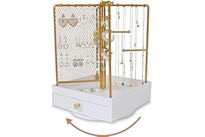 WISNEW Stylish 360° Rotating Jewelry Organizer Stand with Ample Storage - Spinning Necklace Holder, Neatly Display Earring, Ring with Wooden Drawer and Durable Metal Hanger - Gift for Women