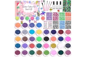 TENUISKFT Zestaw brokatowych tatuaży dla dzieci – 42 kolory, tymczasowe tatuaże brokatowe dla dziewczynek, 218 kamieni strasu, 211 szablonów, 63 świecące naklejki, 3 kleje, 5 pędzli, zestaw do samodzielnego