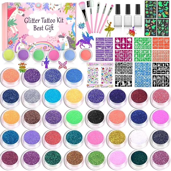 Bestauty Glitzer Tattoo Set Für Kinder – 48 Farben, 130 Schablonen, Strasssteine | Ungiftig & Kreativ
