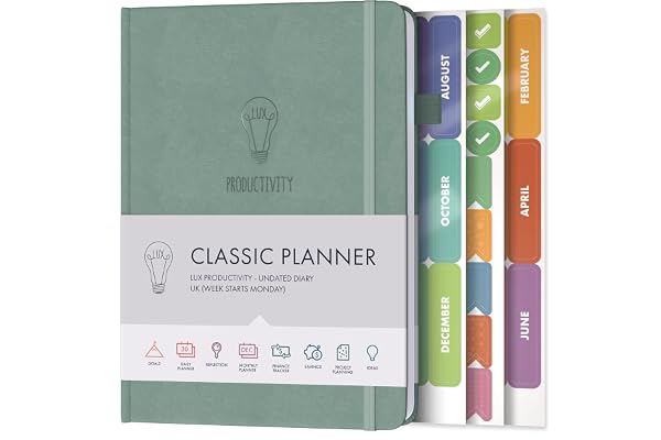 LUX PRODUCTIVITY Agenda de productivité classique bleu ardoise – Agenda non daté – Planificateur d'objectifs 2021 et journal personnel avec un emploi du temps quotidien pour la pleine conscience