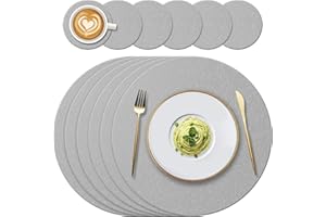 YUNJUER Round Silicone Placemats(34cm) and Coasters(10cm) Set of 6, Heat-Resistant 450 °F Placemats, Non-Slip and Washable, Table Mats for Home, Hotel, Kitchen, Restaurant, Dining Table, (Light Grey)