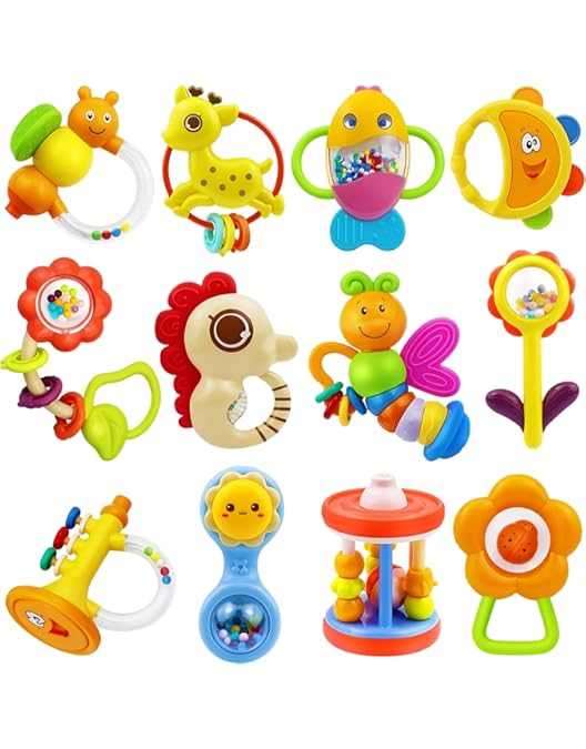 Hochet Bébé Jouet De Dentition Ensemble,Lot De 10 Hochet Bebe Sans BPA , Jouets De Dentition Pour Nouveau-NésJouets D'activité D'éducation Précoce Avec Boîte De Rangement Convient Pour Bébé 0-9 Mois