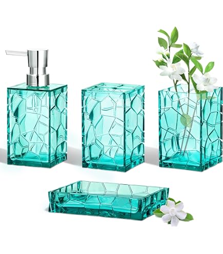 HBlife Badezimmer-Set In Salbeigrün – Acryl Seifenspender, Zahnbürstenhalter, Becher & Seifenschale (4-tlg., Boho-Style)