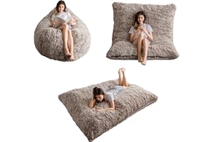 MAXYOYO Giant Bean Bag Bed - Square Bean Bag Chair - Large Sofa with long Faux Fur Cover and Fluffy Filling Included for Adult, Couples, Guest (Brown, Queen)