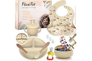 FLEXITOT Vajilla Para Bebe de Silicona - Vajilla Niños | Baby Tableware, Blw Utensilios, Plato Ventosa Bebe, Vaso Aprendizaje Bebe 6 Meses Precucharas Bebe Blw Cucharas Bebe Aprendizaje, Blw Bebe, Color Beige