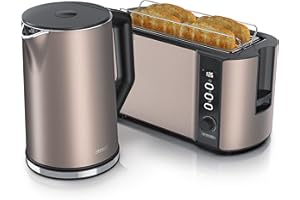 ‎ARENDO Arendo - Wasserkocher mit Toaster SET Edelstahl Beige, Wasserkocher 1,5L 40° 100°C Warmhaltefunktion Toaster 4 Scheiben LED-Display 6 Bräunungsgrade Brötchaufsatz