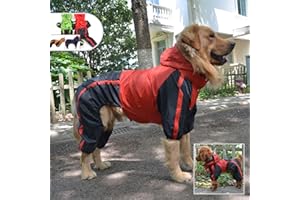 Lovelonglong Dog Hooded Raincoat, Large Dog Rain Jacket Poncho Waterproof Clothes with Hood Breathable 4 Feet Four Legs Rain Coats for Small Medium Large Pet Dogs Red L-M
