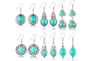 Fiada 6 Pairs Turquoise Earrings for Women Bohemian Earrings Vintage Earrings Retro Indian Dangling Blue Boho Earrings Dangle Drop Hook Gypsy Jewellery for Women Girls, 6 Styles