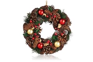 COM-FOUR® Wieniec swiateczny na drzwi - Wieniec adwentowy z szyszkami i bombkami choinkowymi - Wieniec dekoracyjny Ø ok. 30 cm - Dekoracja swiateczna (kulki zlote + czerwone)