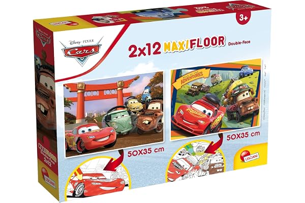 LISCIANI - PUZZLE DISNEY 2 en 1 - Cars - Maxifloor 50 x 35 Cm - 2 x 12 pièces - Double Face avec Verso à Colorier - Pour Enfants dès 3 ans - Feutres Inclus pour Coloriage- Fabriqué En Italie