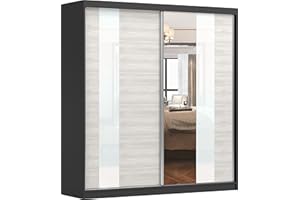 FABRYKA MEBLI IDŹCZAK Schiebetürenschrank, eleganter Kleiderschrank Schrank Garderobe Spiegel Multi Multi 32 200 cm, Schlafzimmer- Wohnzimmerschrank Schiebetüren Modern Design (Schwarz/Kathult)