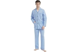 Amaxer Męska dwuczęściowa piżama, bawełniana, zestaw bielizny nocnej, strój domowy, długi rękaw, górna część z kieszeniami, spodnie piżamowe ze ściągaczem