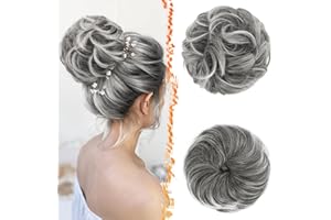 BARSDAR 2 PCS Chignon Postiche Cheveux, Faux Chignon Extensions Elastique Chouchou Postiche de Cheval pour Femmes Synthétique Épais Donut Updo Scrunchies Extension Postiches - Gris Foncé & Blanc Tips